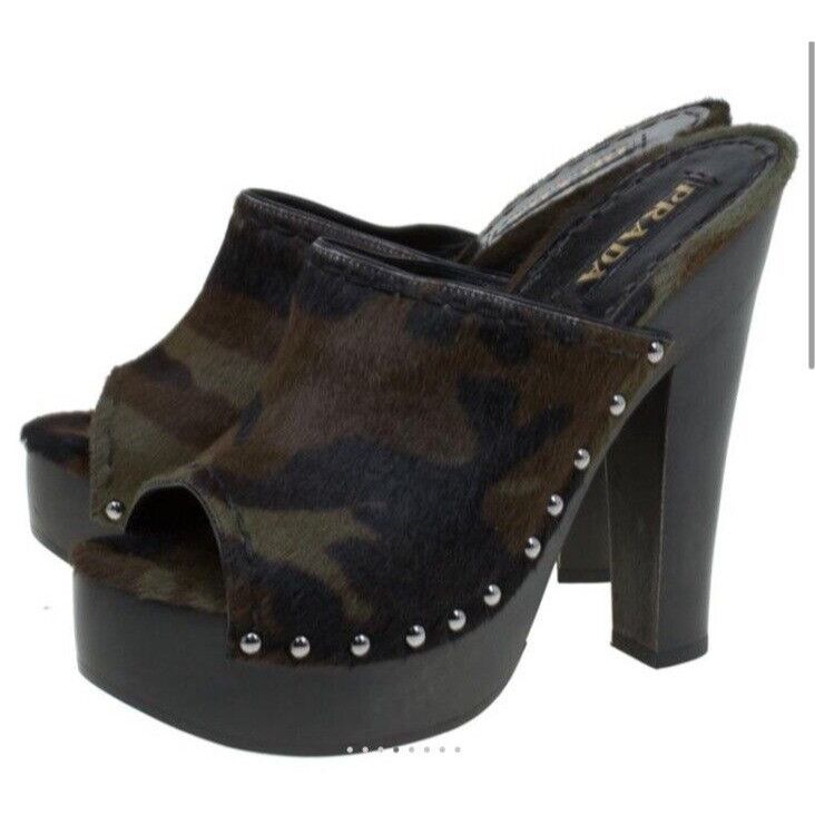 Prada PRADA Green Camouflage Calf Hair Platform Clogs 37.5 GORGEOU Size US 7.5 / IT 37.5 - 3 Thumbnail