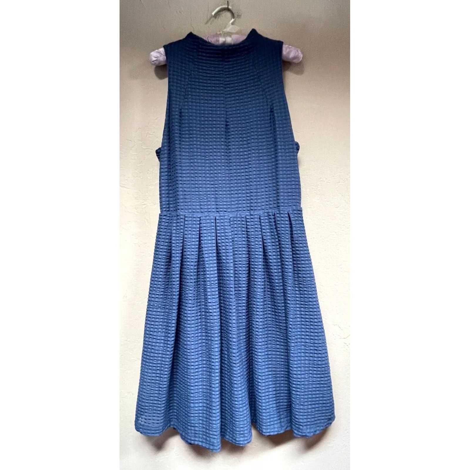 Anthropologie Deletta Dress Cosgrove Blue Fit & Flare Sleeveless High Neck Large Womens Knee Length Dress Textured Nylon Spandex Lined Size L / US 10 / IT 46 - 2 Thumbnail