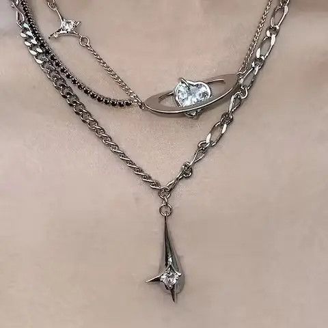 Jewelry Double Layer Cross Heart Crystal Pendant Necklace Size ONE SIZE - 1 Thumbnail