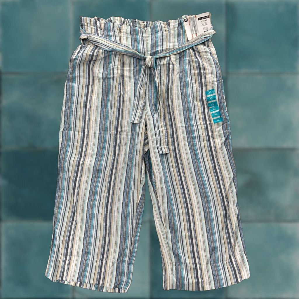 Vintage Zac & Rachel Pants Womens XL Blue Striped Linen Blend Cropped Wide Leg NWT Size 24" / US 00 / IT 34 - 1 Thumbnail
