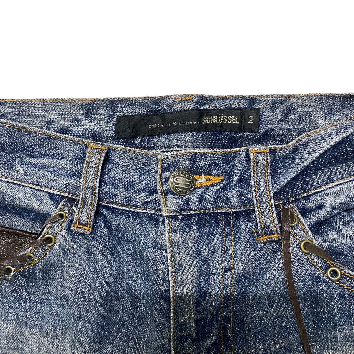 Japanese Brand SCHLUSSEL Low Rise Leather Lace Denim Flare Jeans Size US 30 / EU 46 - 6 Thumbnail