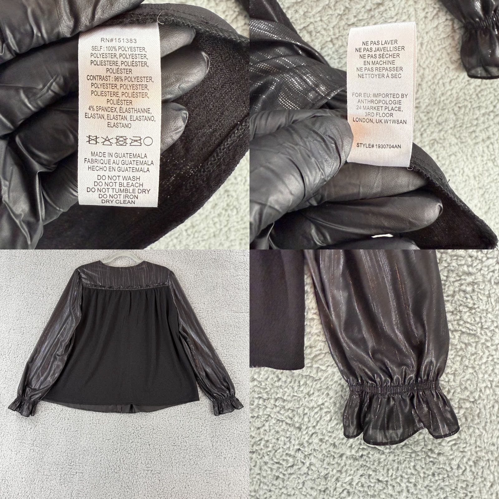 Vintage Current Air Top Womens Large Black Silver Metallic Long Sleeve Tie-Neck Flowy Blouse Size L / US 10 / IT 46 - 8 Thumbnail