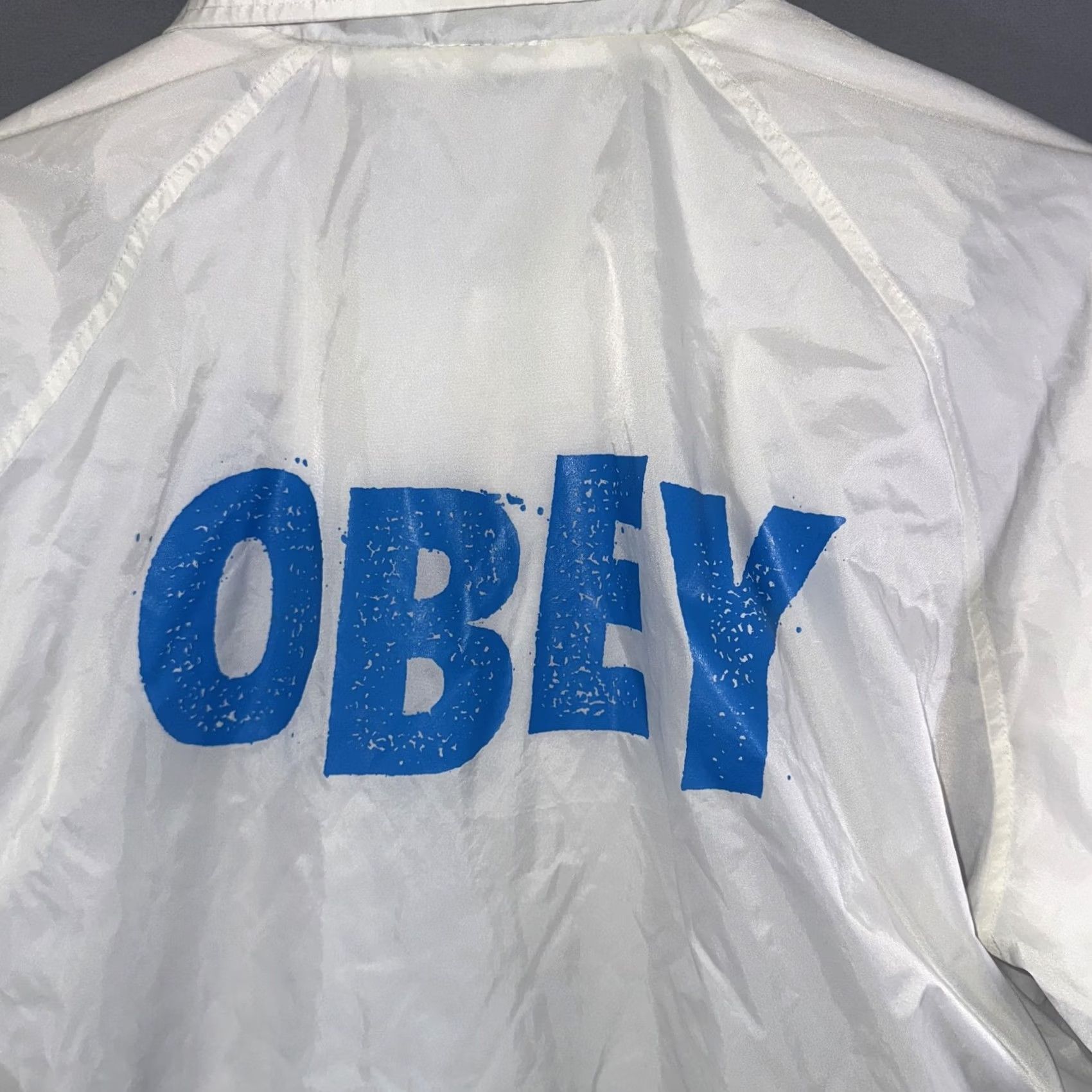 Obey OBEY Jacket Mens L White Windbreaker Snap Front Back Logo Nylon Lined Coach Jacket Size US L / EU 52-54 / 3 - 3 Thumbnail