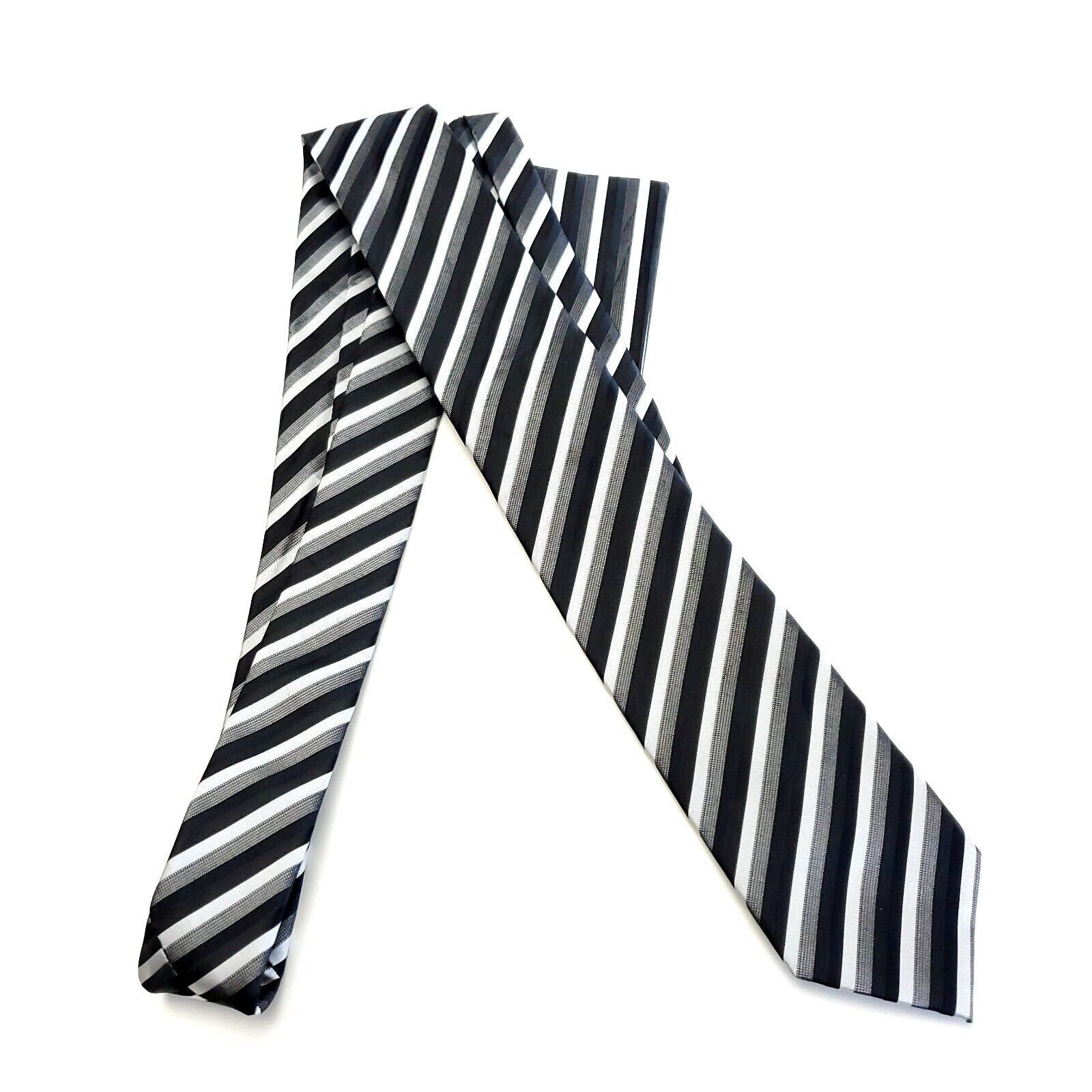 Designer NEW Q Brand Italy Black Gray Striped Woven Skinny Silk Tie Size ONE SIZE - 9 Thumbnail
