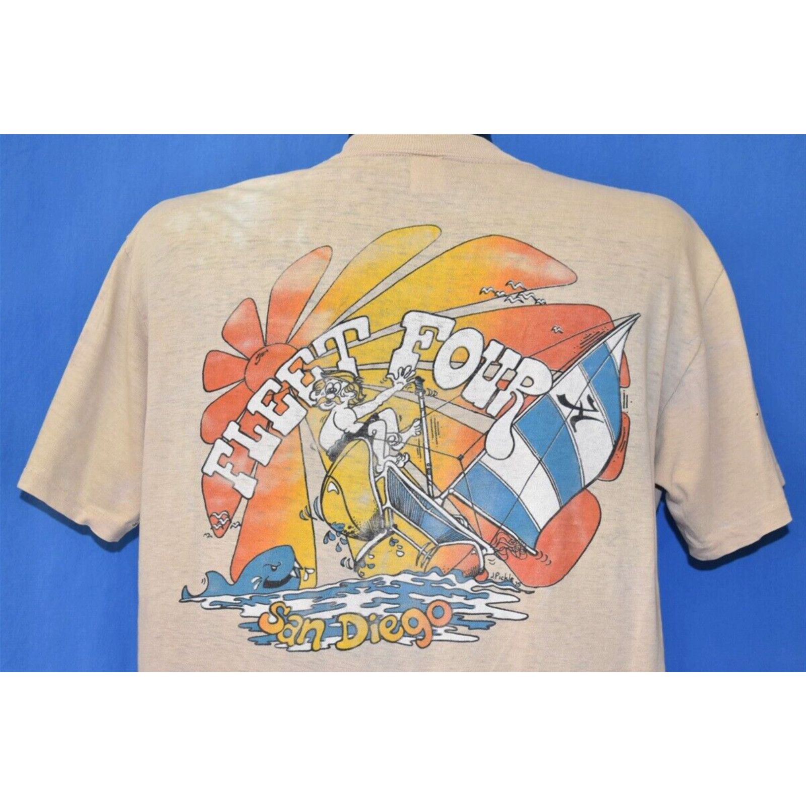 image of Vintage VTG 70's Hobie Fleet Four San Diego California Sailing Catamaran Sunset T-Shirt L in White 