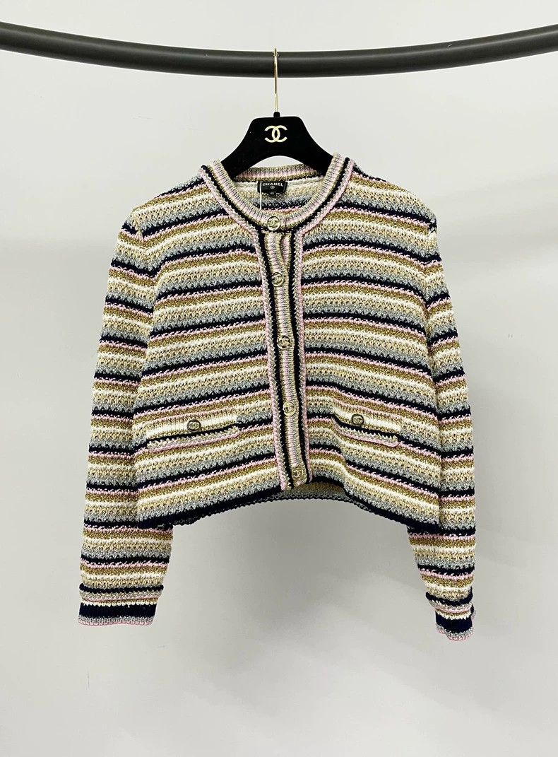 Chanel Chanel 24P silver striped knitted cardigan coat Size S / US 4 / IT 40 - 1 Thumbnail