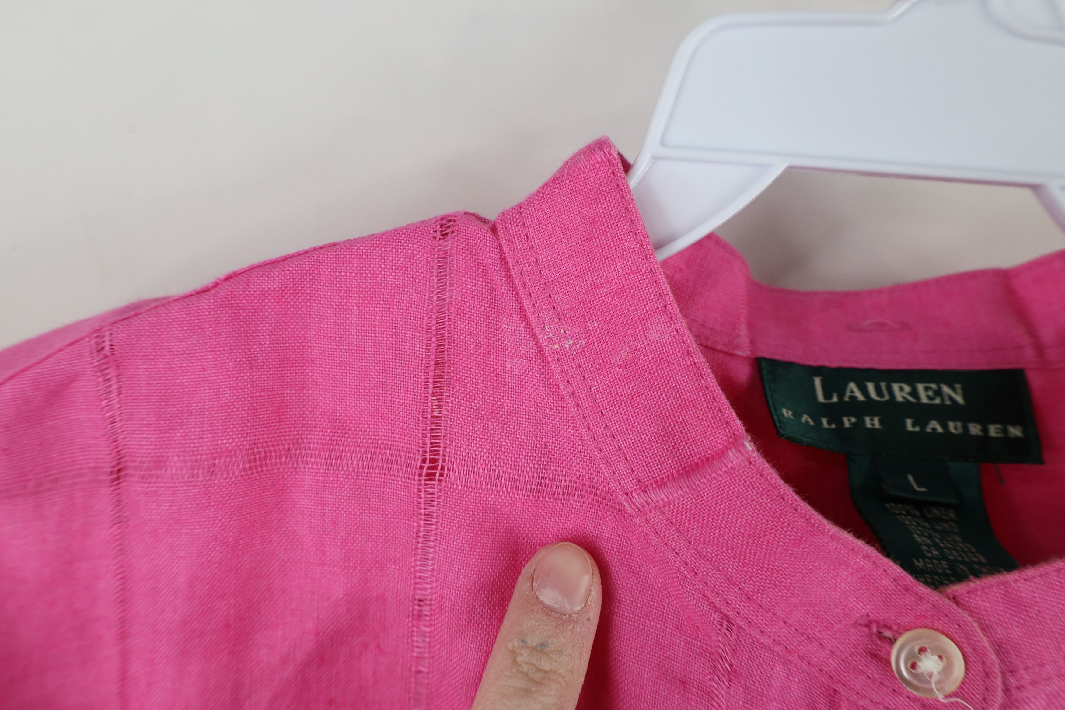 Ralph Lauren × Vintage Vintage 90s Ralph Lauren Linen Band Collar Button Shirt Pink Size L / US 10 / IT 46 - 6 Thumbnail