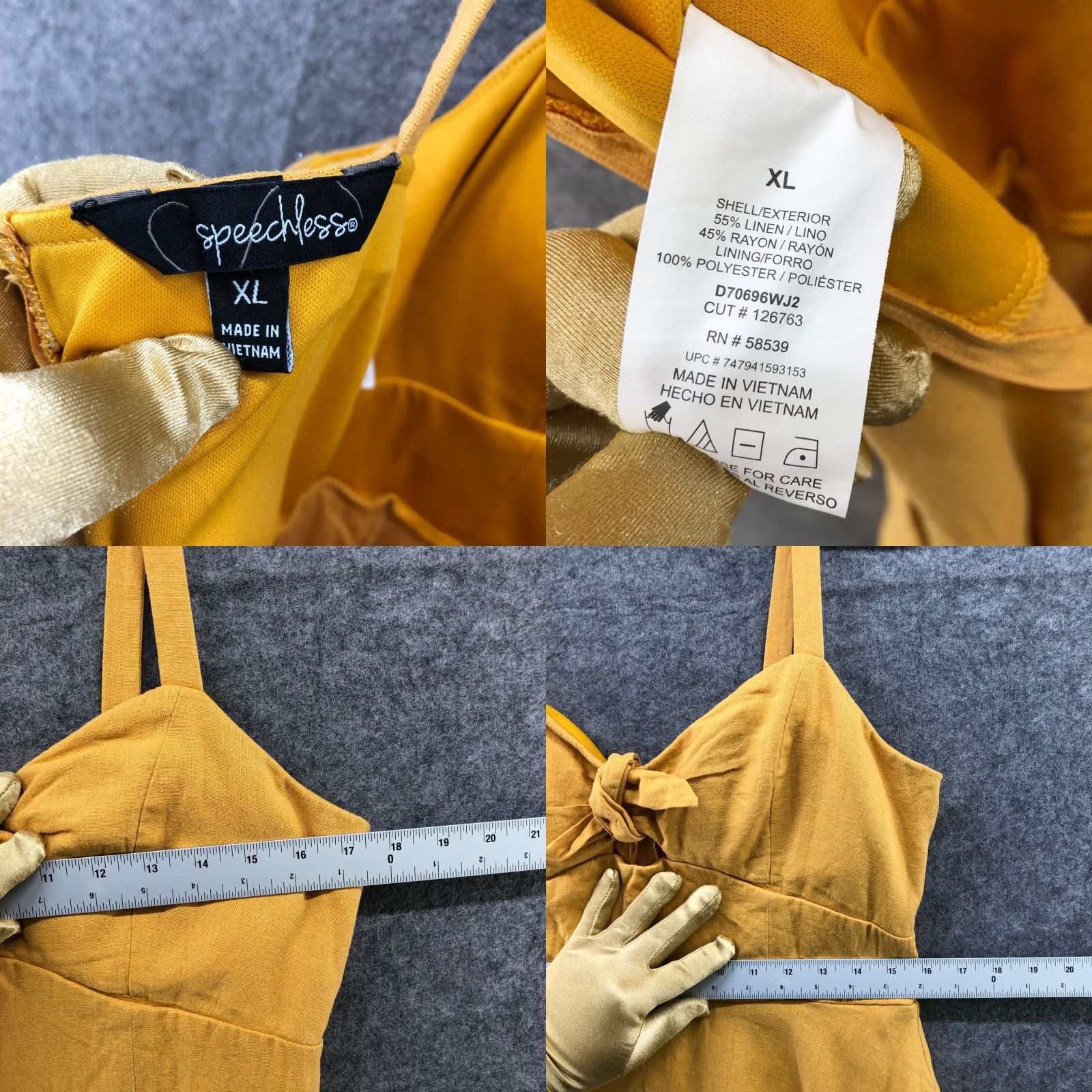 Vintage Speechless Dress XL Mustard Yellow Linen Blend A-Line Sleeveless Tie Chest Zip Back Lined Short Womens Bohemian Casual Size XL / US 12-14 / IT 48-50 - 8 Thumbnail