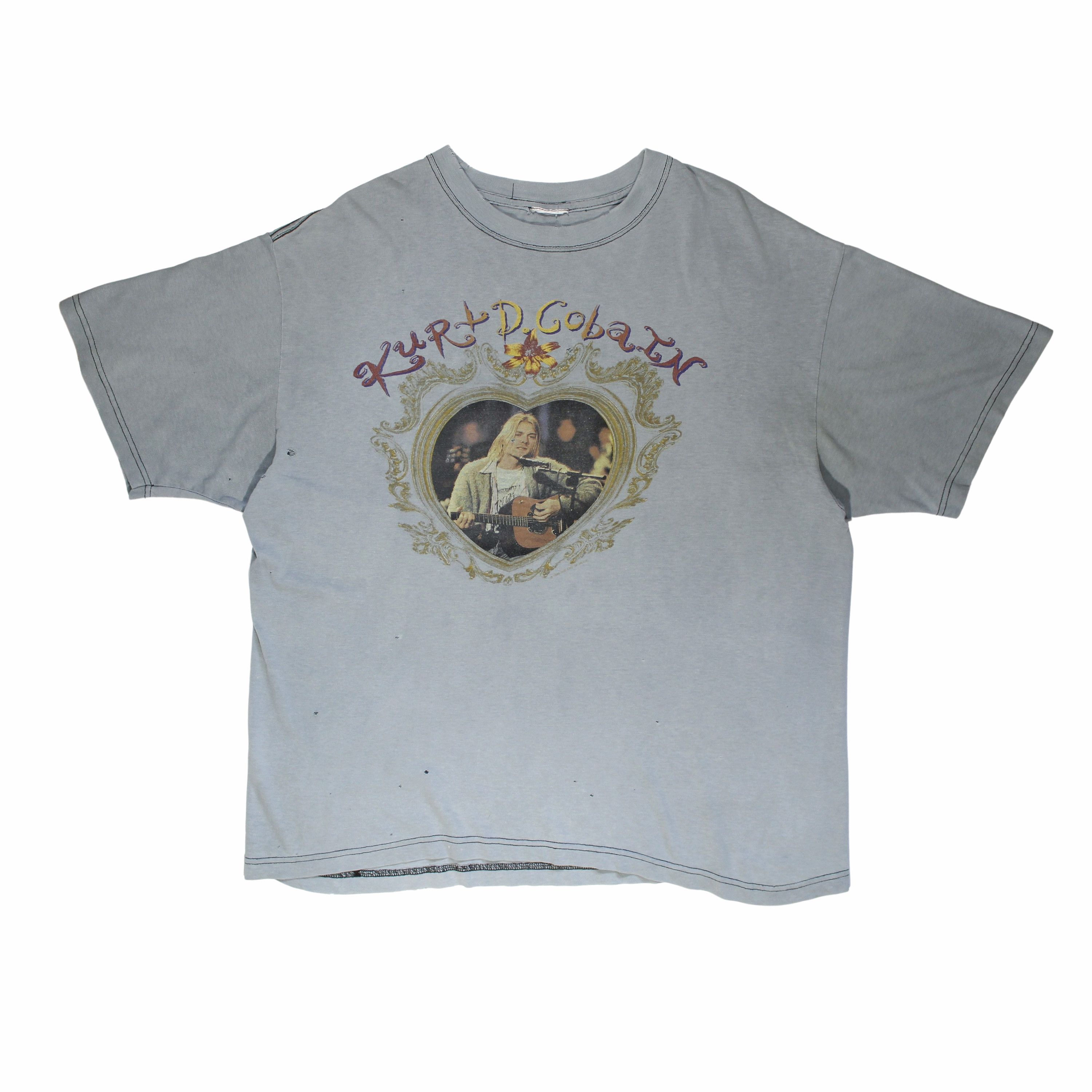 image of Vintage 1995 Kurt Cobain Memorial Thrashed Faded T-Shirt in Blue Grey, Men's (Size XL)