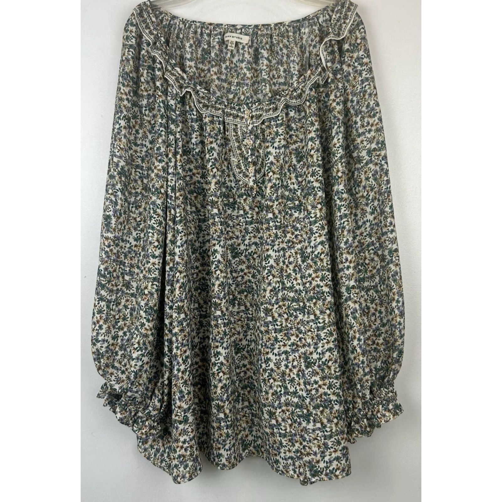 Max Studio Blouse Women\'s 2X Green Floral Peasant Ruffle Chiffon Button  Long Sleeve Casual