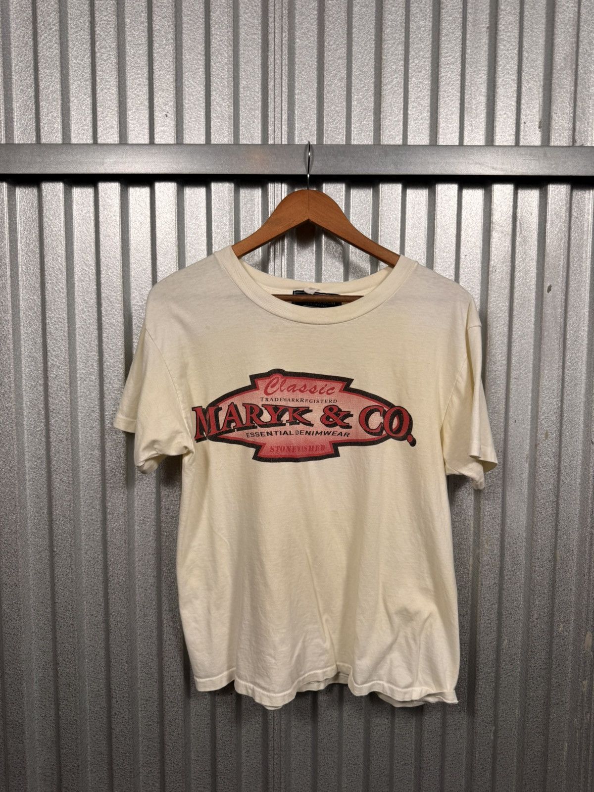 Other Vintage Marryk & Co Stone Wash Denim Faded Cropped Tee Shirt Size US L / EU 52-54 / 3 - 4 Thumbnail