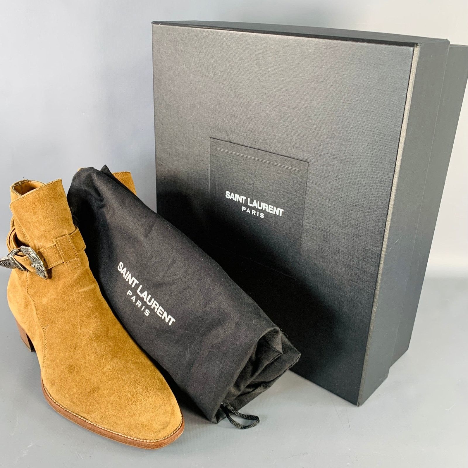 Saint Laurent Paris Size 8 Hedi Strap Tan Silver Suede Western Buckle Boots Size US 8 / EU 41 - 11 Thumbnail