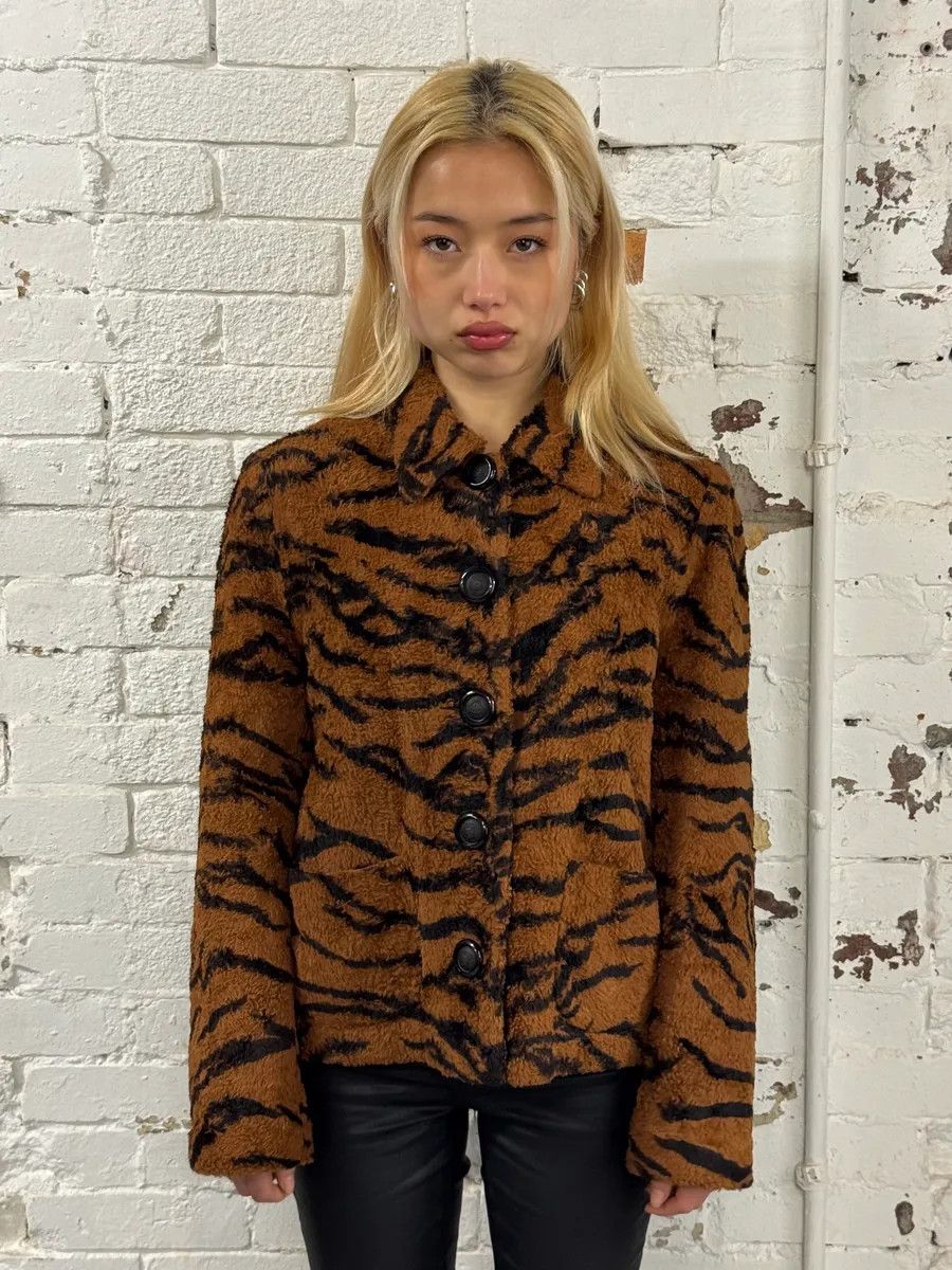 Versace 1990s Versace Brown Tiger Stripe Fuzzy Jacket Size M / US 6-8 / IT 42-44 - 2 Thumbnail