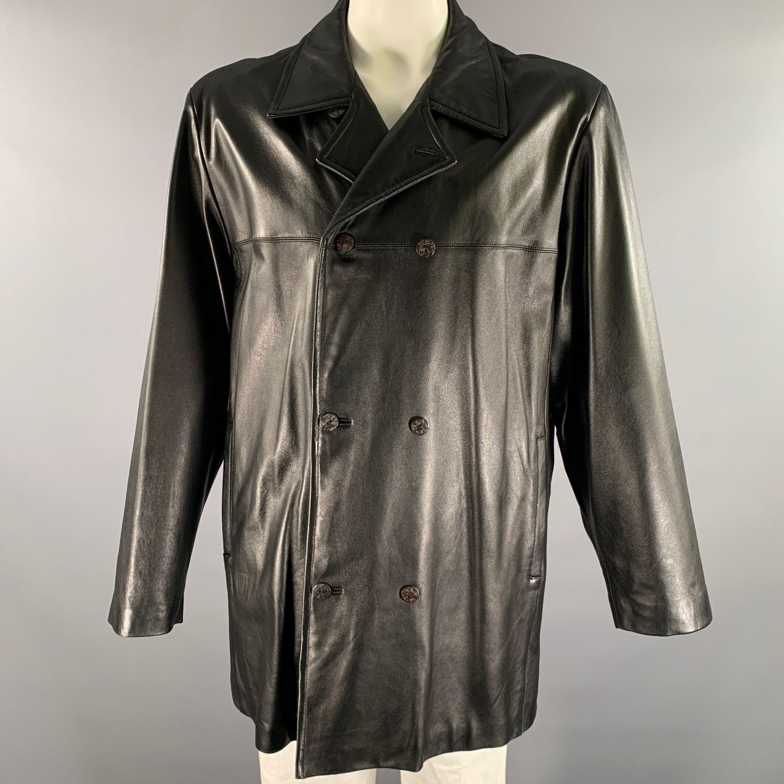 Jhane Barnes JHANE BARNES Size XXL Black Leather Double Breasted Coat Size US XXL / EU 58 / 5 - 1 Thumbnail