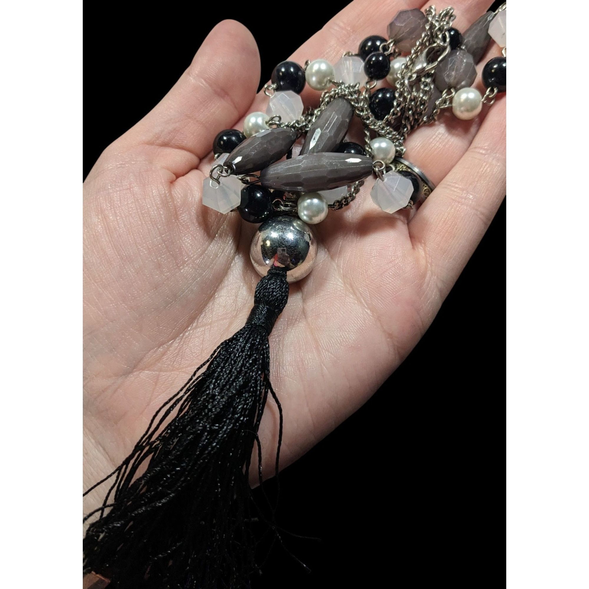 Other Black And Grey Beaded Tassel Necklace With Faux Pearl Accent Size ONE SIZE - 2 Thumbnail