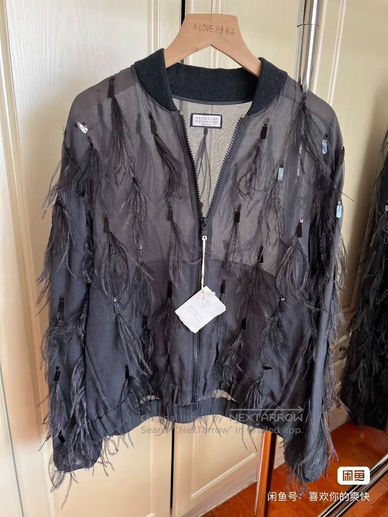 Brunello Cucinelli Brunello Cucinelli Ostrich Feather Sequin Silk Jacket Size XS / US 0-2 / IT 36-38 - 1 Thumbnail