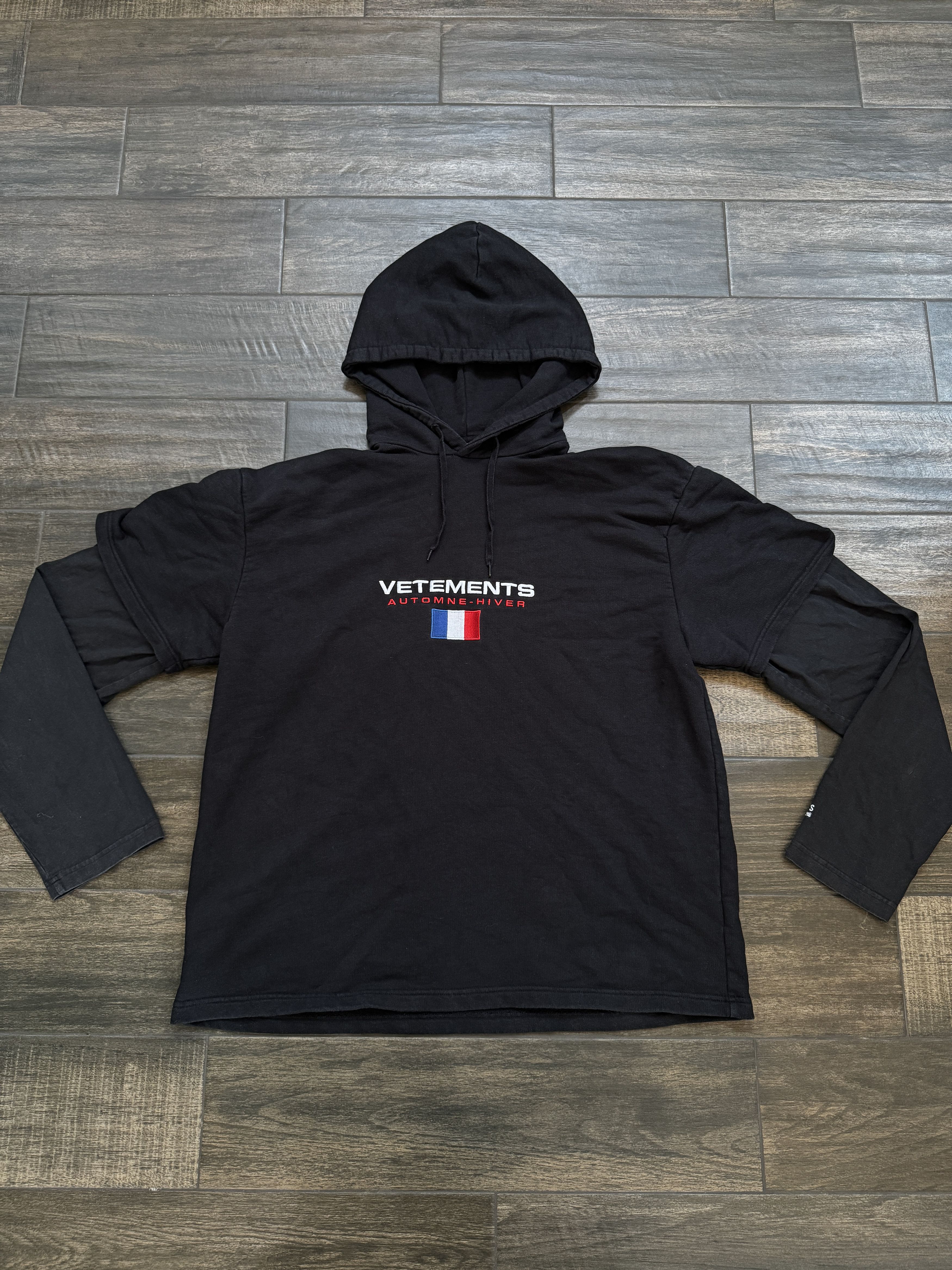 image of Vetements Layered Automne Hiver France Flag Hoodie Xs in Black, Men's (Size Large)
