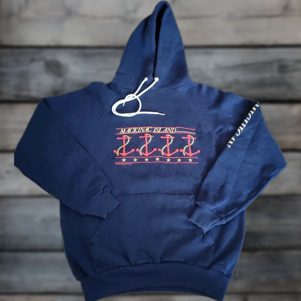 Hanes VINTAGE 80s Hanes Mackinac Island Hoodie Men's Blue Nautical Graphic Puff Print Pullover Size US M / EU 48-50 / 2 - 1 Thumbnail