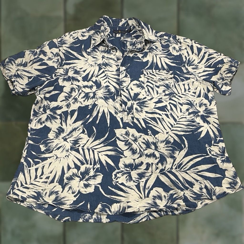 VINTAGE Polo Ralph Lauren Hawaiian Shirt Mens XL Linen Floral Button Down