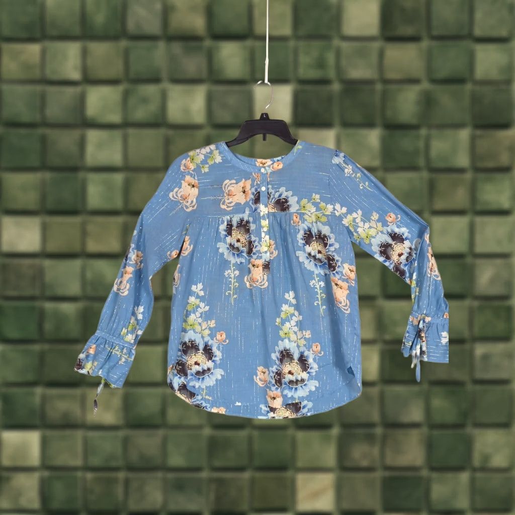 Loft VINTAGE Loft Blue Shimmer Floral blossom Blouse Tie Cuff Bell Sleeve Button Front Top M Size M / US 6-8 / IT 42-44 - 1 Thumbnail