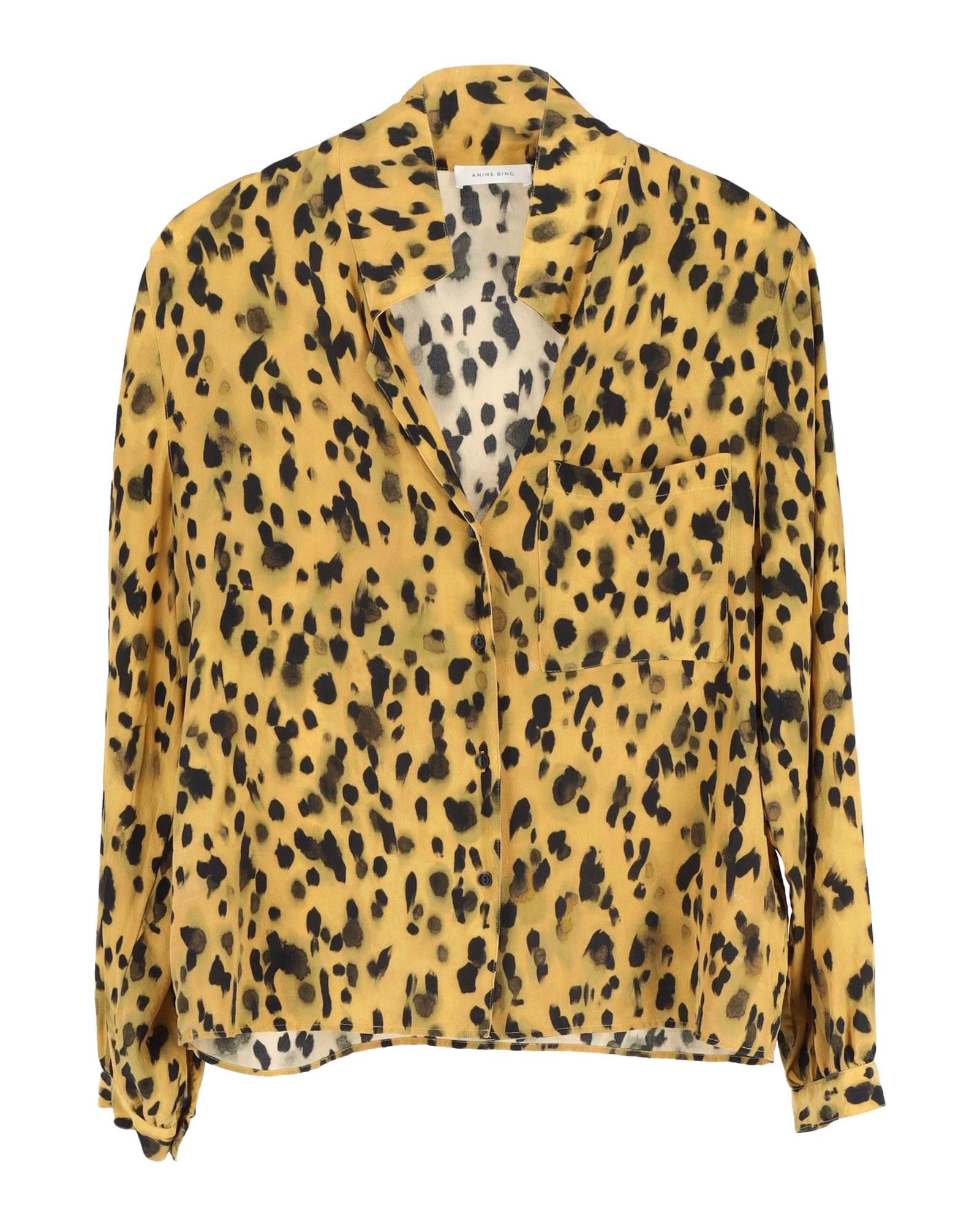 image of Anine Bing Yellow Cheetah-Printed Silk Shirt With Button Front, Women's (Size XS)