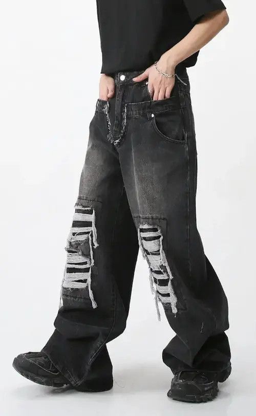 Japanese Brand Double waist ripped patchwork Baggy jean Size US 30 / EU 46 - 1 Thumbnail