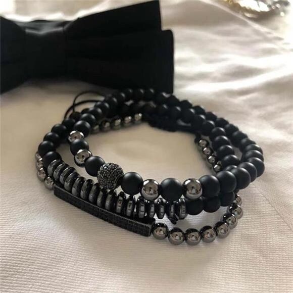 Other 3PCS Men’s Black Beads Stainless Steel Bracelet Set Bangle Size ONE SIZE - 4 Thumbnail