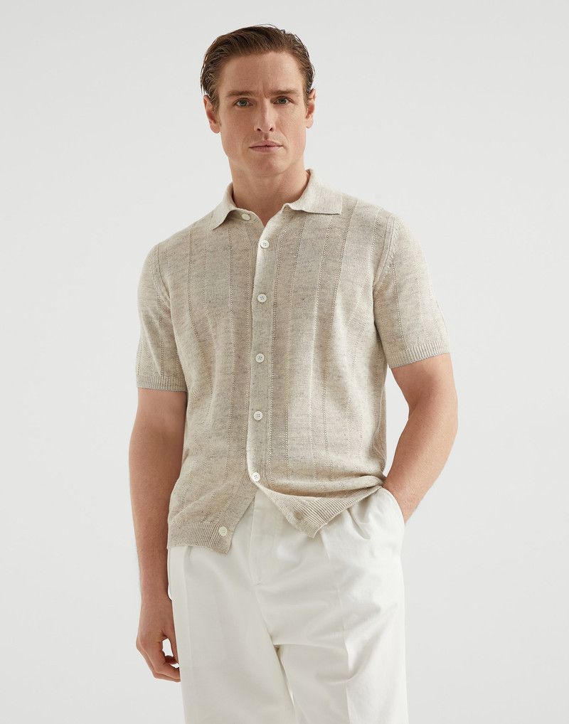 Brunello Cucinelli o1la1rc1a0326 Textured Rib Short Sleeve Knit Shirt in Beige Size US M / EU 48-50 / 2 - 1 Thumbnail