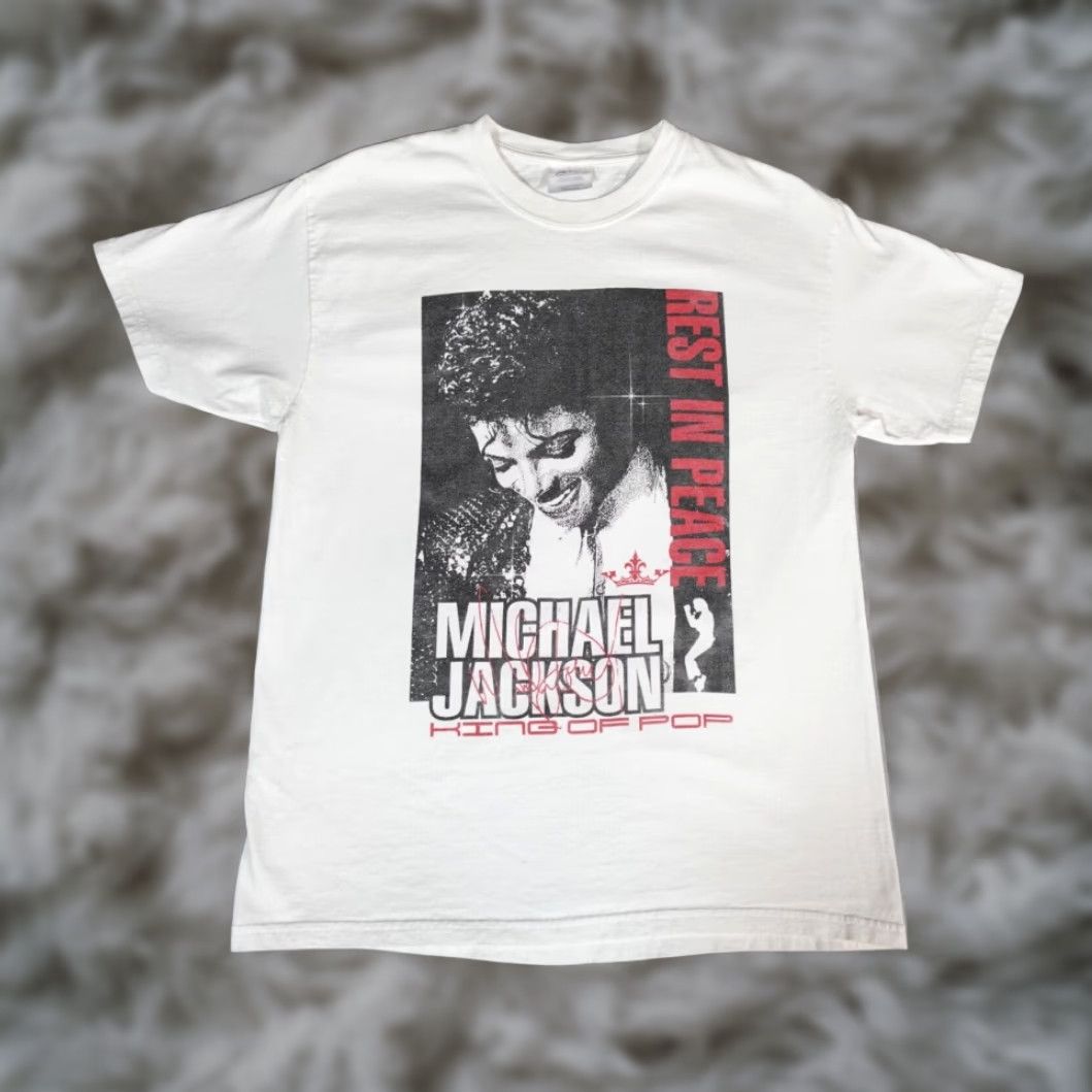 Port & Company VINTAGE Michael Jackson King Of Pop Graphic Print T Shirt Mens M White Slim Music 2000s Cotton Size US M / EU 48-50 / 2 - 2 Thumbnail