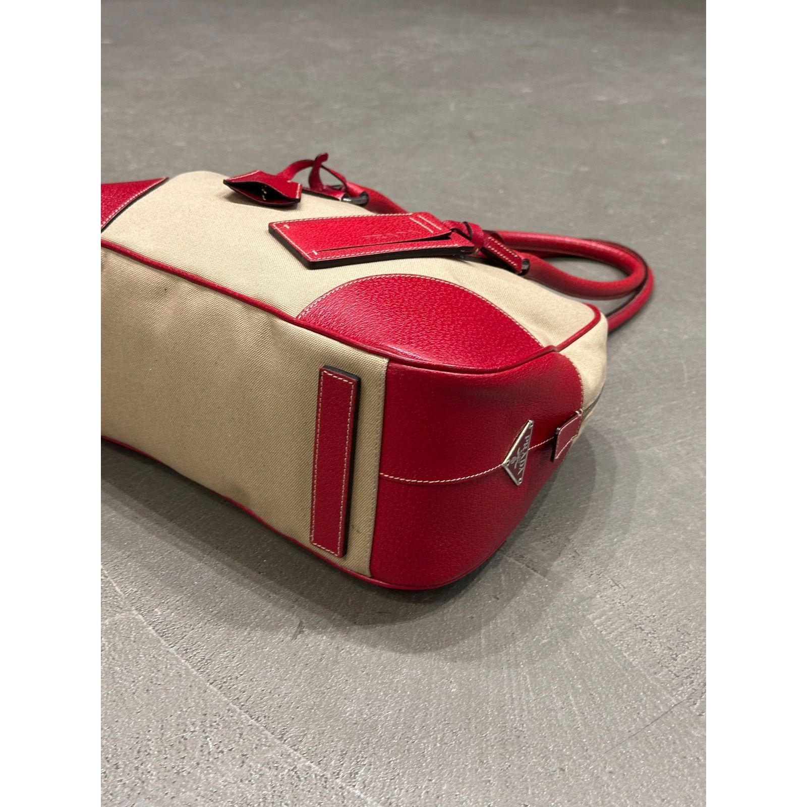 Prada 2000s Prada jacquard bowler bag with red leather trim Size ONE SIZE - 3 Thumbnail