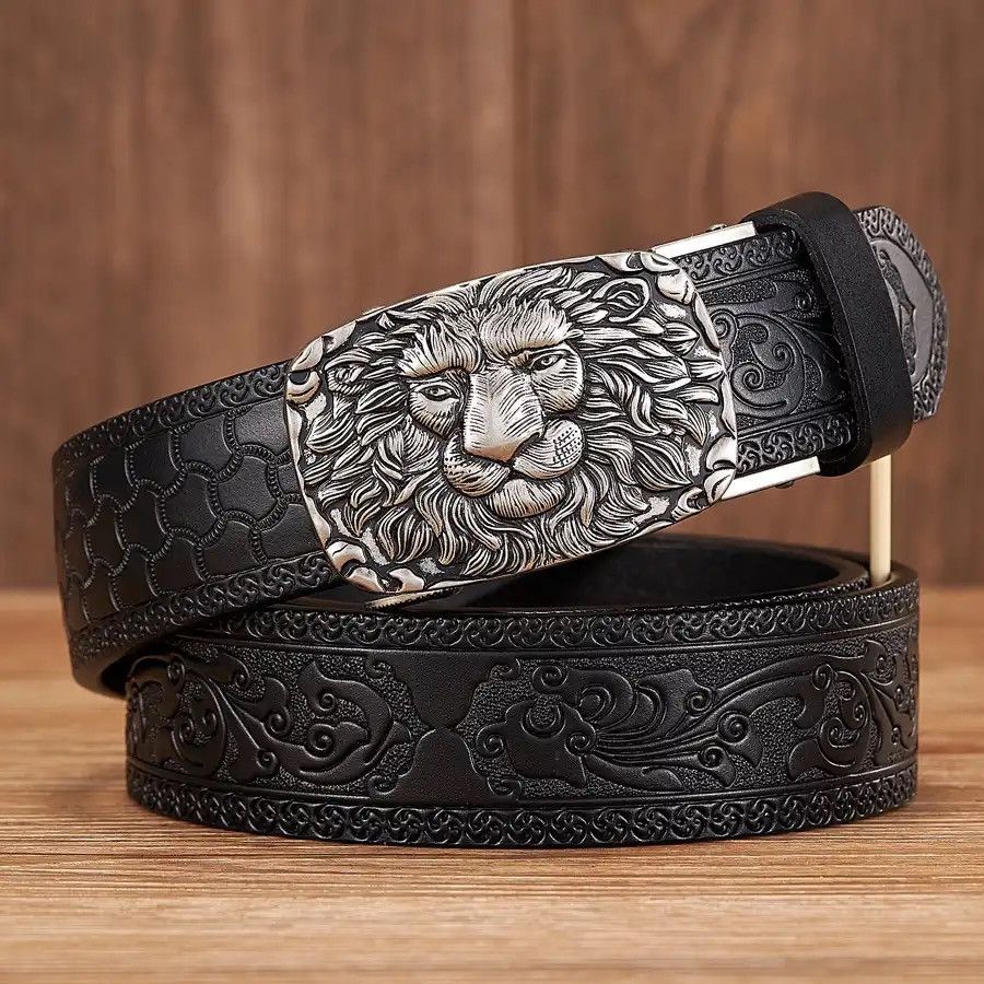 Leather × Vintage Lion Pattern Cow Leather Belt Size ONE SIZE - 1 Thumbnail