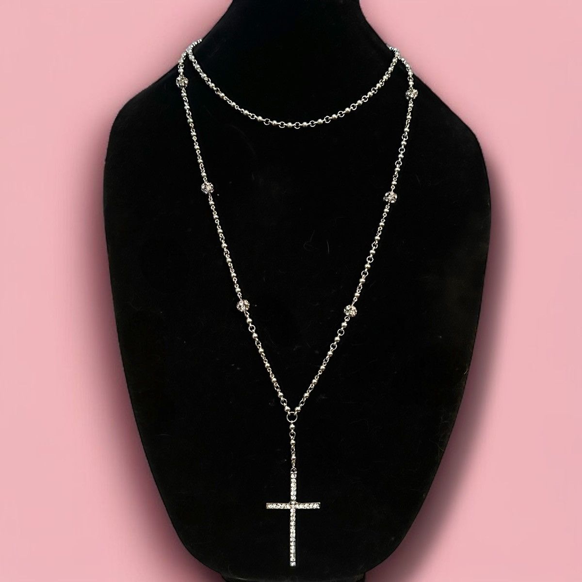 Other Silver tone layered ball chain rhinestone cross necklace Size ONE SIZE - 1 Thumbnail