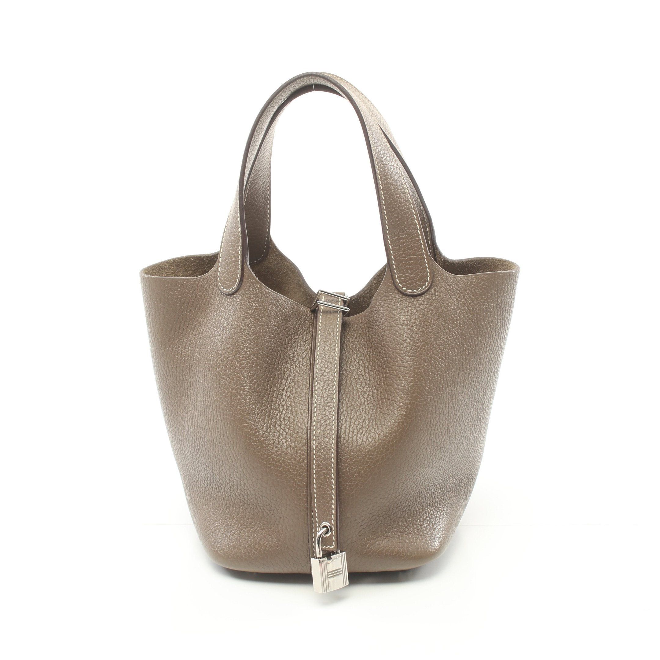 image of Hermes Picotan Lock Pm Étoupe Handbag Clemence Leather Gray Brown Silver Hardware A Stamp in Grey, 