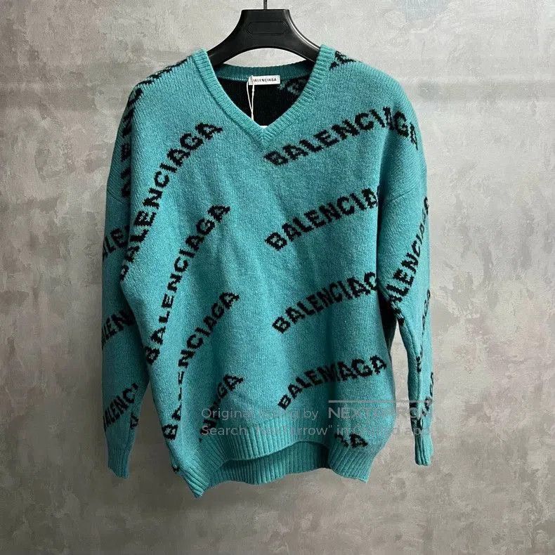 Balenciaga Blue Logo V-Neck Sweater.