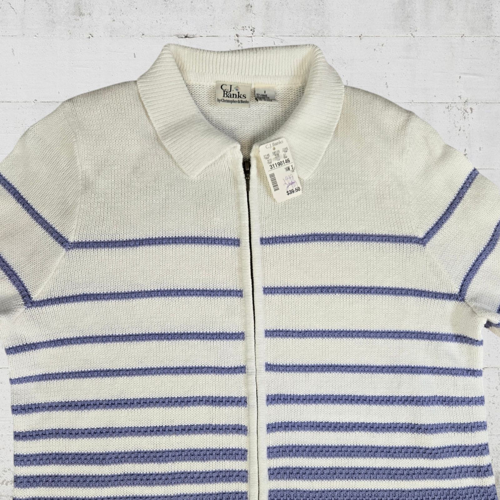 Vintage Y2K Periwinkle White Striped Zip Up Sweater Size 14W Size XL / US 12-14 / IT 48-50 - 4 Thumbnail