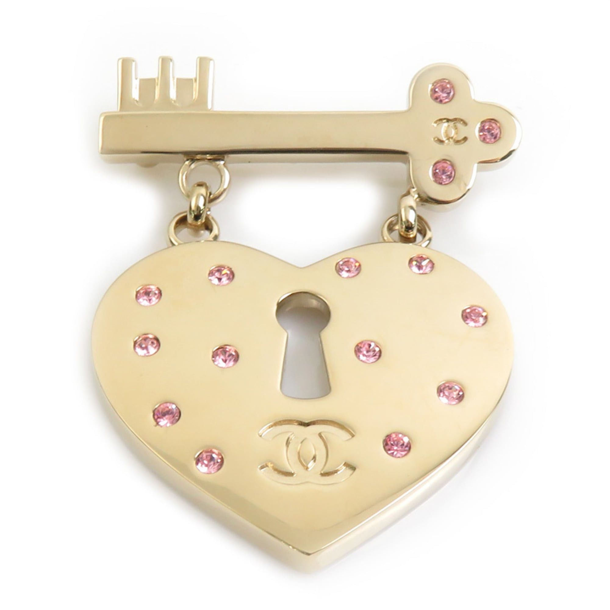 Chanel Chanel brooch, heart lock & key design, metal, rhinestone, gold, pink, women's, free shipping, e61672a Size ONE SIZE - 1 Thumbnail