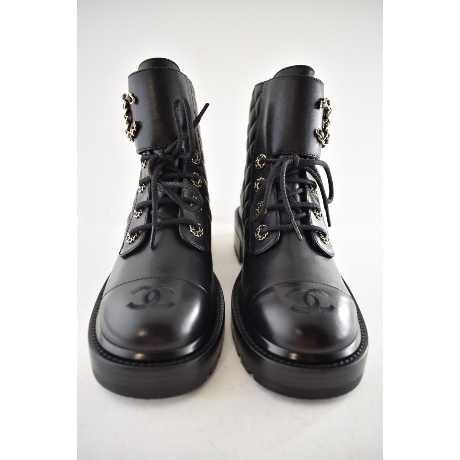 Chanel Chanel 21A Black Quilted Gold CC Chain Combat Lace Up Size US 8.5 / IT 38.5 - 9 Thumbnail