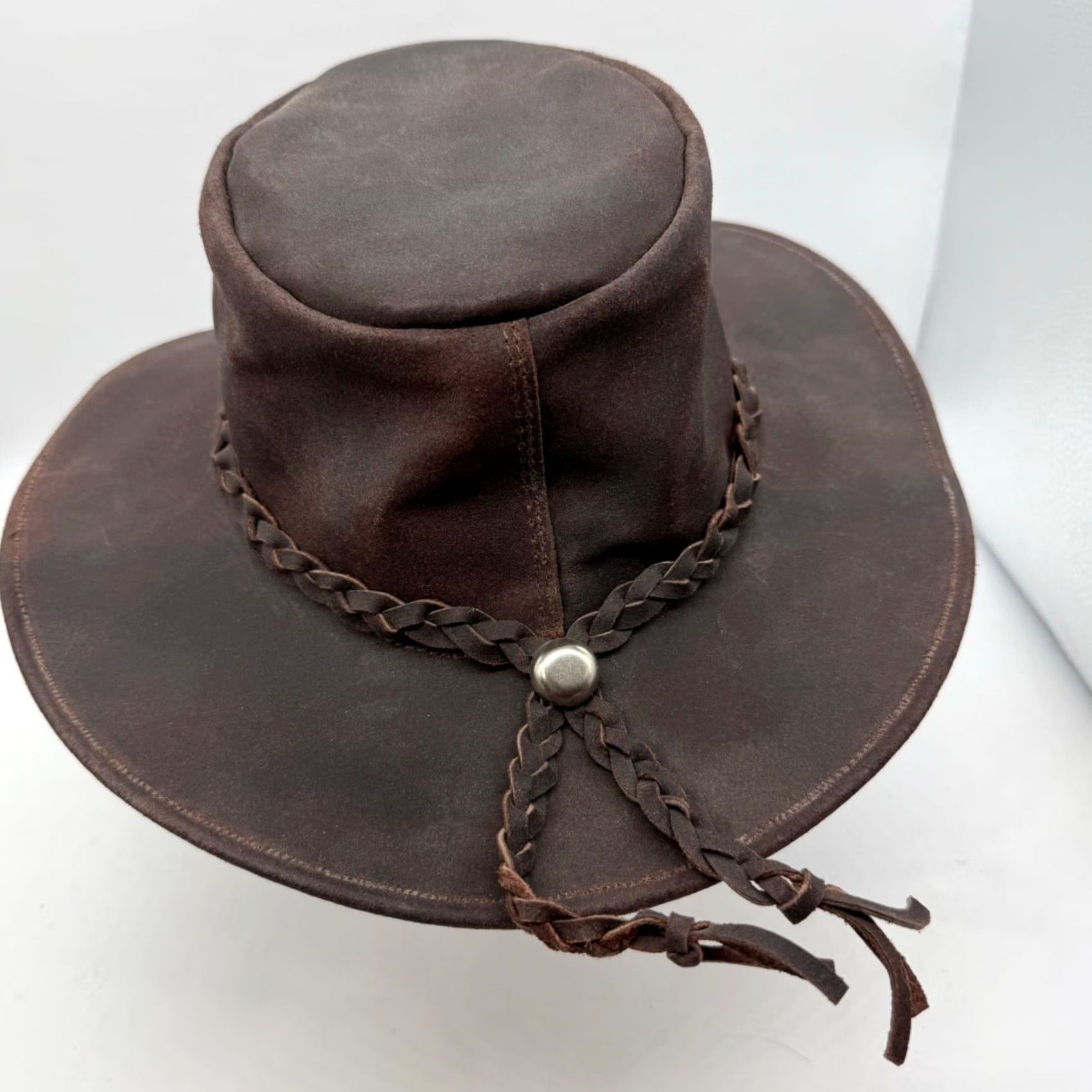 Vintage VINTAGE Mens Leather Australian Outback Hat Size Small Brown Braided Hatband Size ONE SIZE - 5 Thumbnail