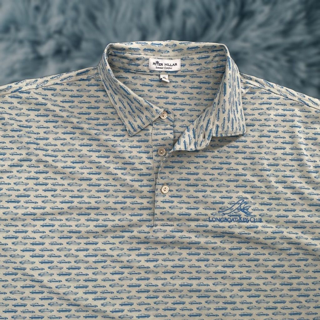 Peter Millar Shirt Adult XL Gray Blue Polo Cars Print Mens Polo Shirt All Seasons Summer Spring Golf Walking