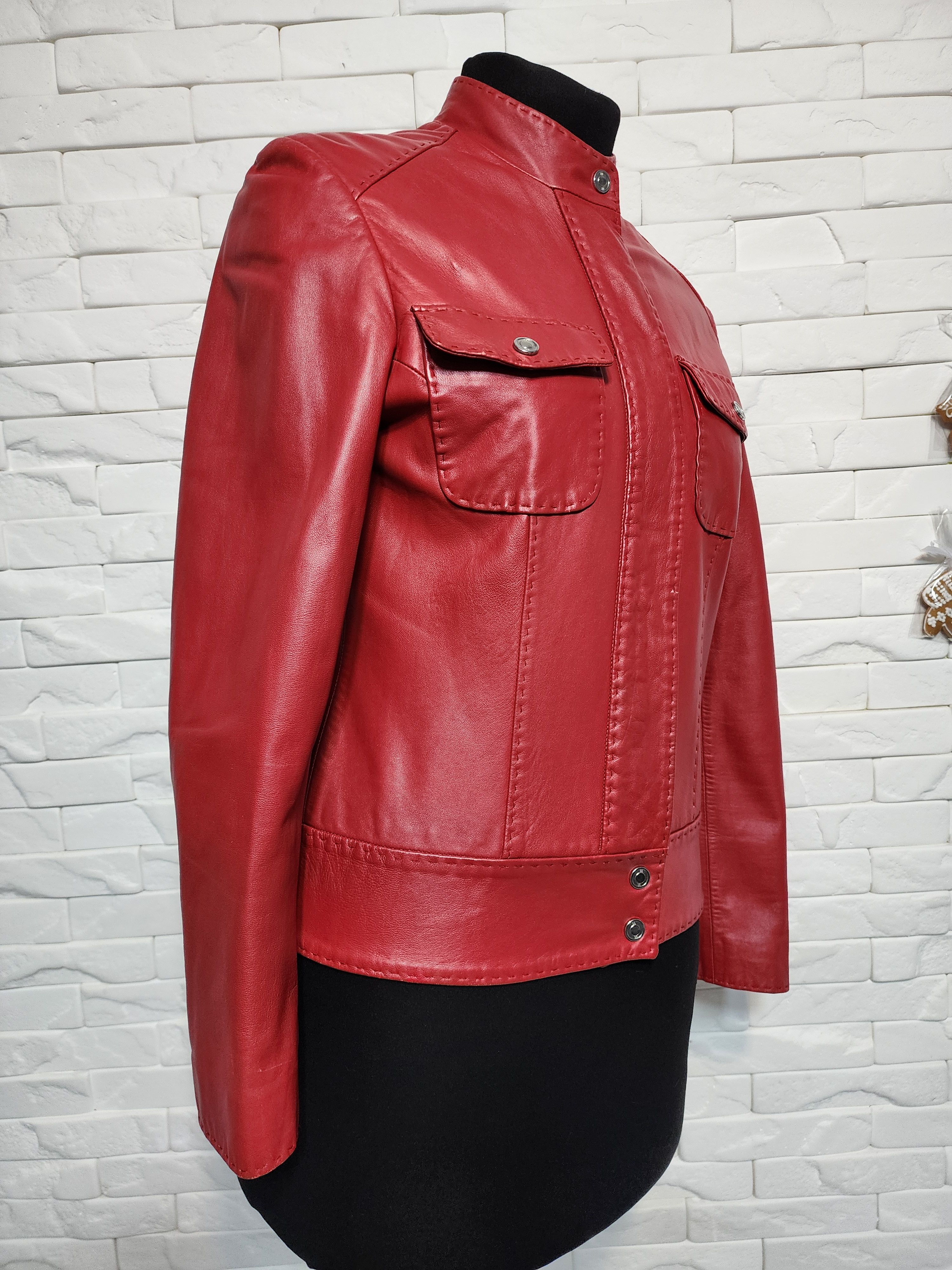 Other Red Leather Women's Jacket, Zippered Denim Style. Size M / US 6-8 / IT 42-44 - 4 Thumbnail