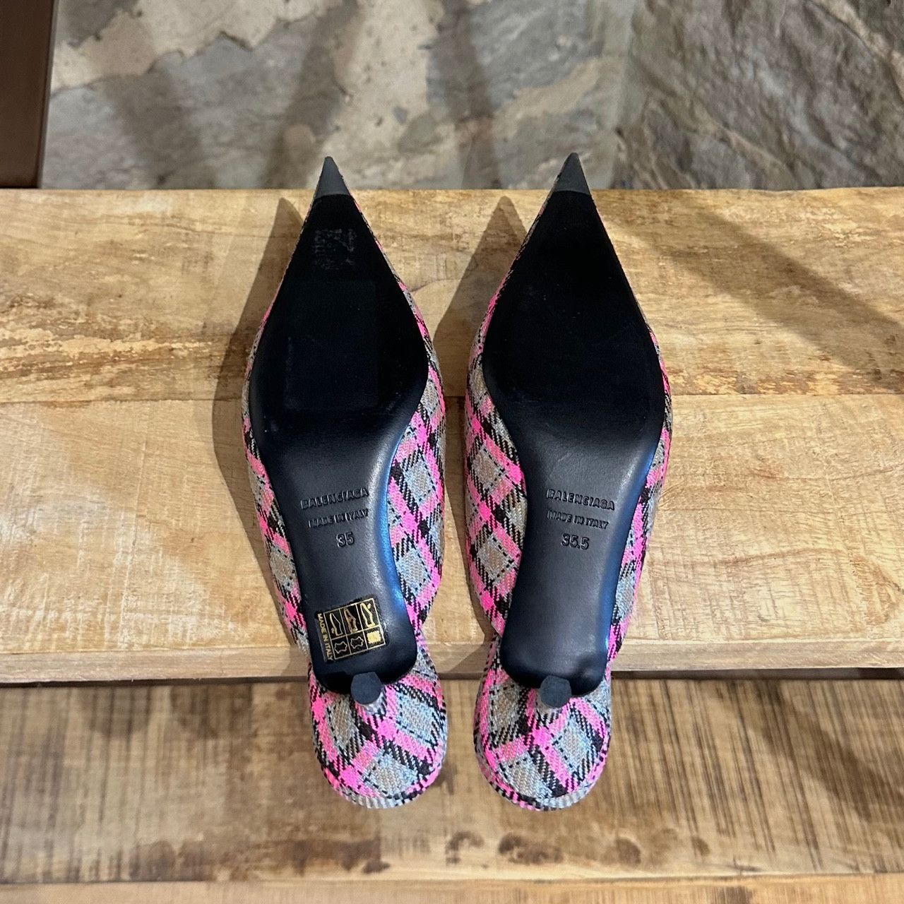 Balenciaga Balenciaga Pink Plaid Knife Kitten Heeled Pointy Mules Size US 5 / IT 35 - 6 Thumbnail