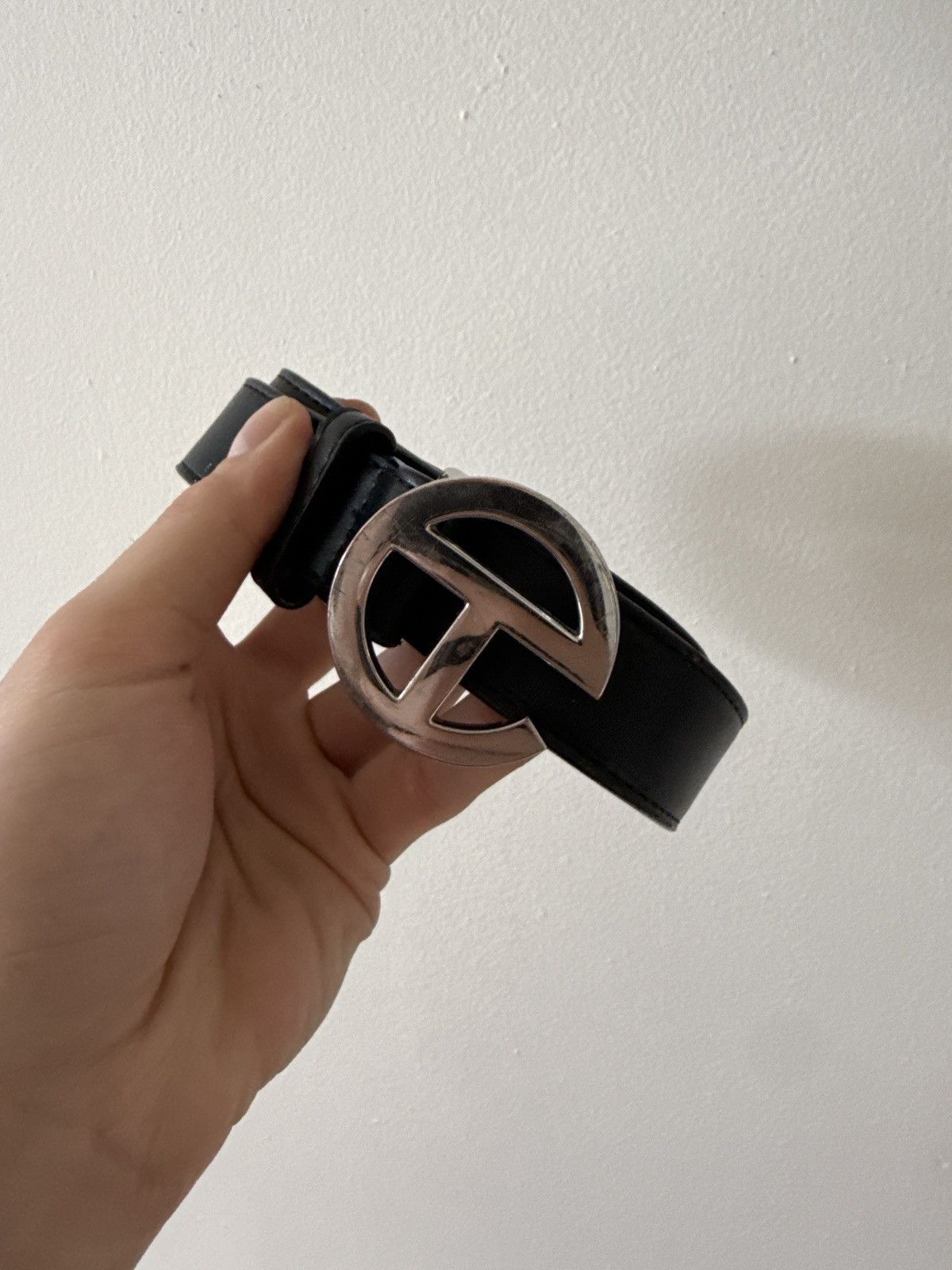 Telfar Black Leather Belt with Silver Logo Buckle Logo Belt - Silver/Silver main image 2