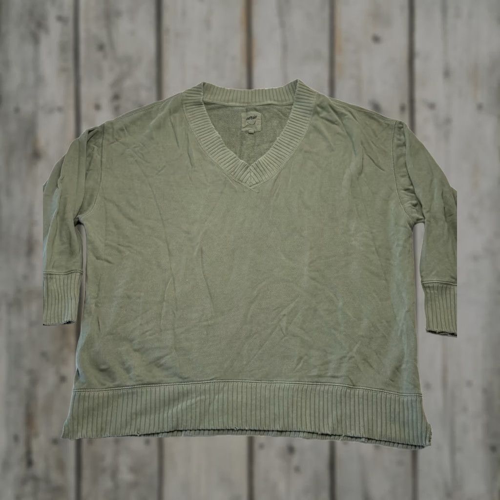 Vintage Aerie Sweatshirt Women Oversized Green Pullover V-Neck Long Sleeve M Regular Activewear Lounge Comfort Size M / US 6-8 / IT 42-44 - 1 Thumbnail