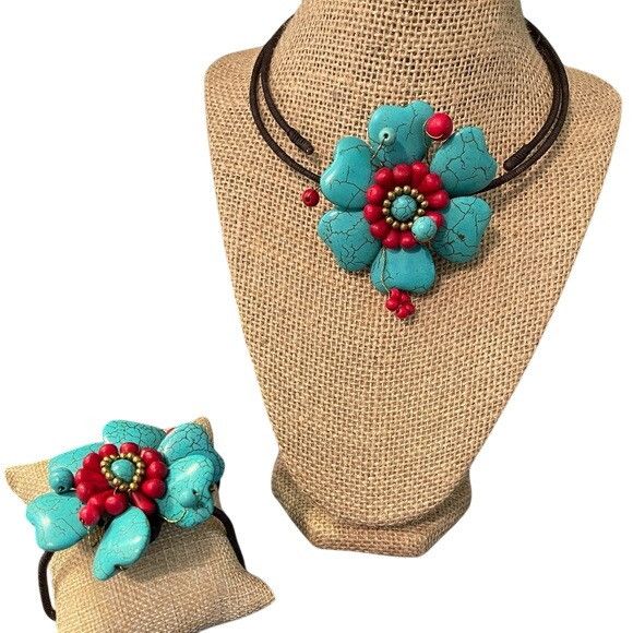 Other Memory Wire Necklace Bracelet Set Dyed Howlite Turquoise Red Size ONE SIZE - 1 Thumbnail