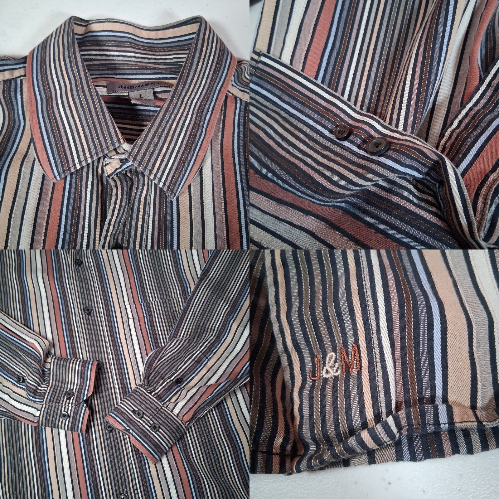 Johnston & Murphy Johnston & Murphy Shirt Men L Long Sleeve Button-Up Beige Gray Striped Multicolor Cotton Woven Collar Spread Classic Dress Shirt Size US L / EU 52-54 / 3 - 8 Thumbnail