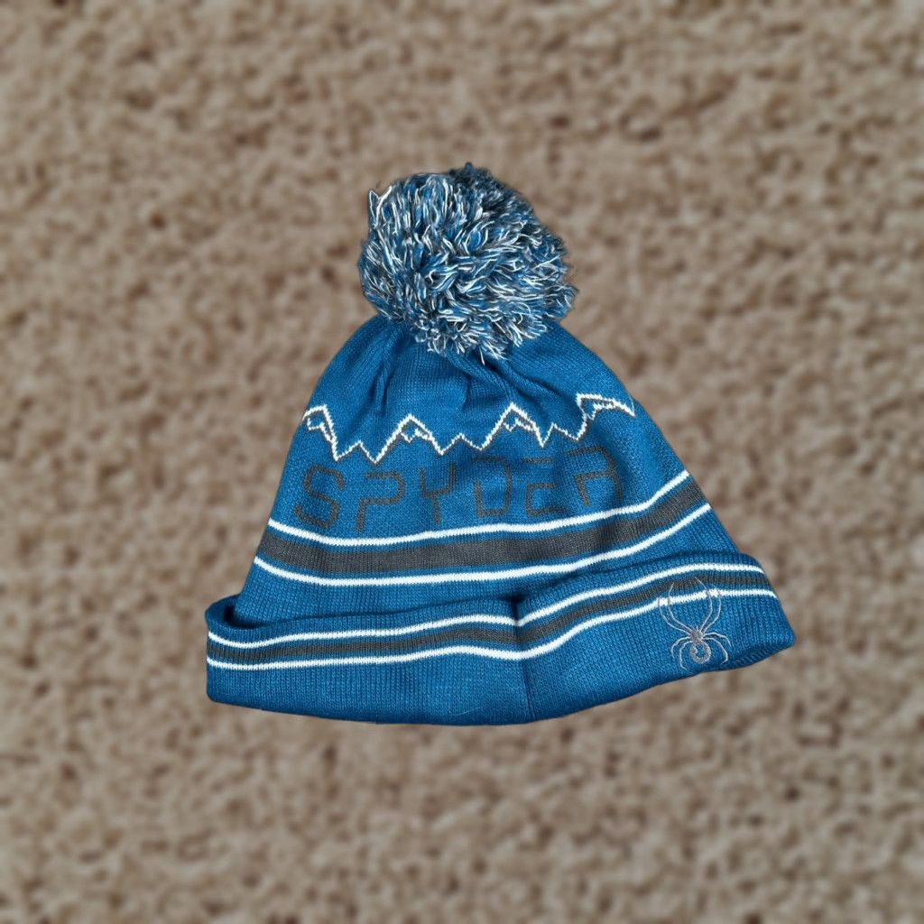 Spyder Spyder Beanie Toque Adult One Size Blue Stripe Knit Acrylic Poly Mountains Pom Size ONE SIZE - 1 Thumbnail