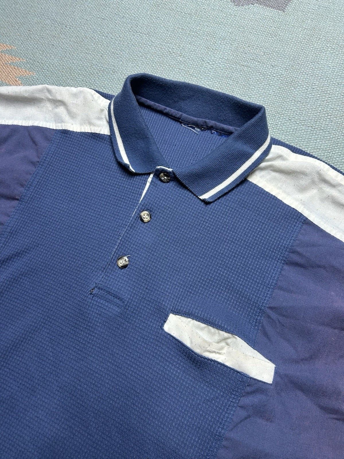 Vintage Vintage 80s polo shirt waffle knit blue tri tone men’s XL Size US XL / EU 56 / 4 - 3 Thumbnail