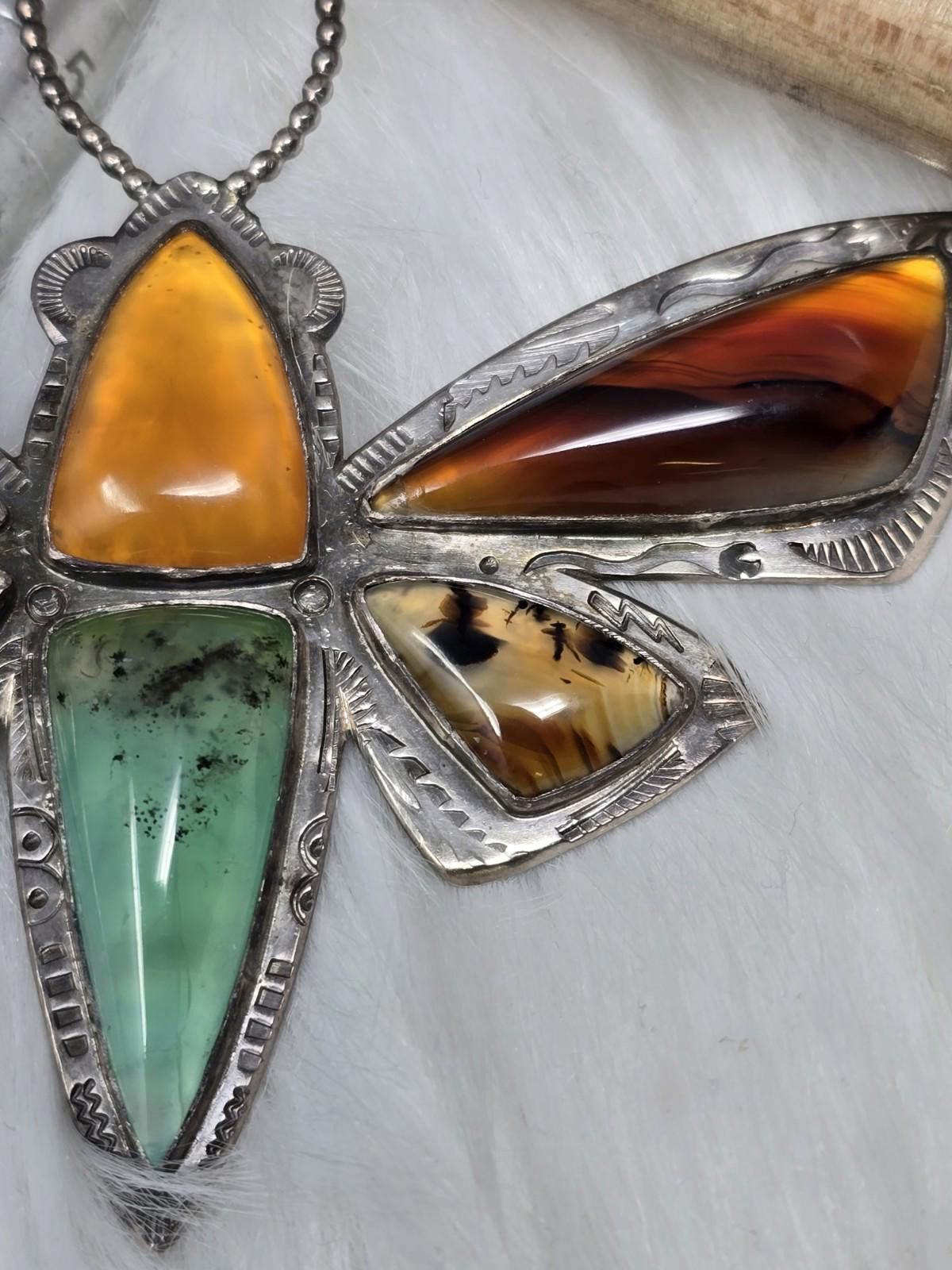 Other Artisan Huge 4" 925 Silver Agate Gaspeite Moth Brooch 50g Size ONE SIZE - 7 Thumbnail