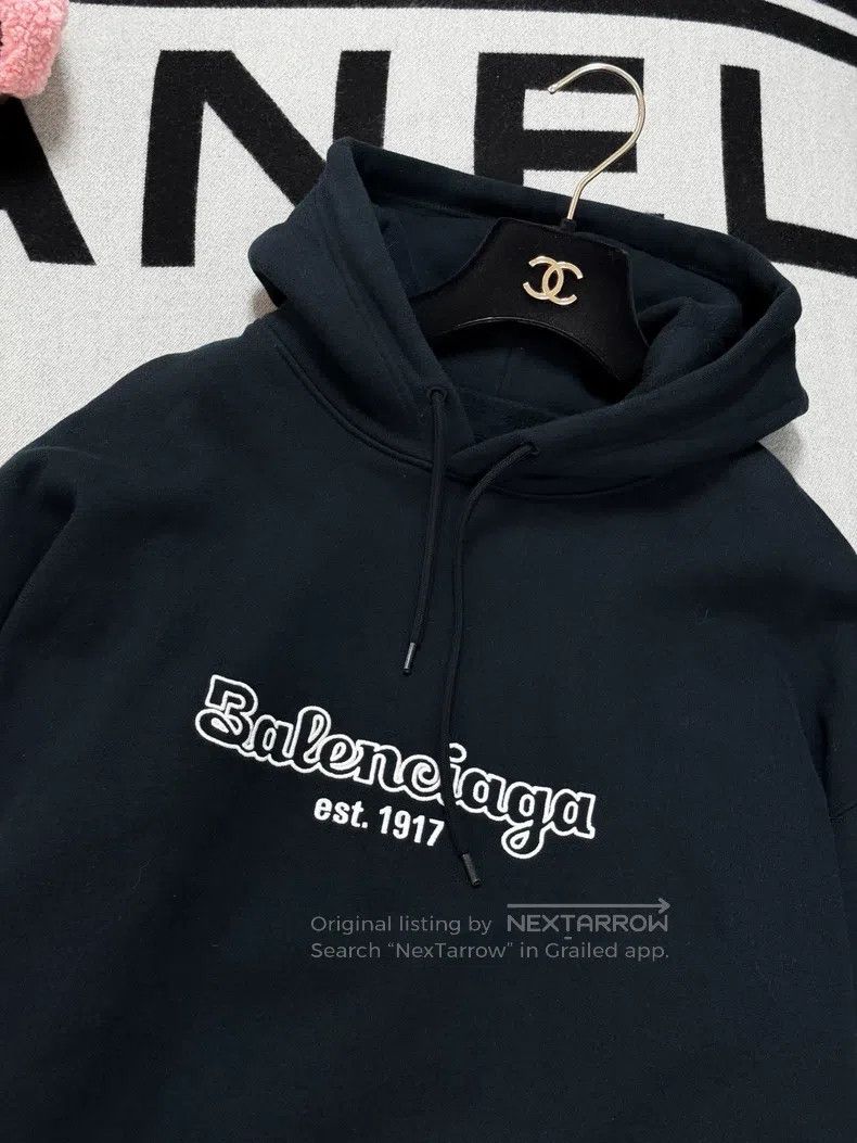 Balenciaga Balenciaga Dark Blue and White Letter Hooded Fleece Hoodie Size US L / EU 52-54 / 3 - 4 Thumbnail