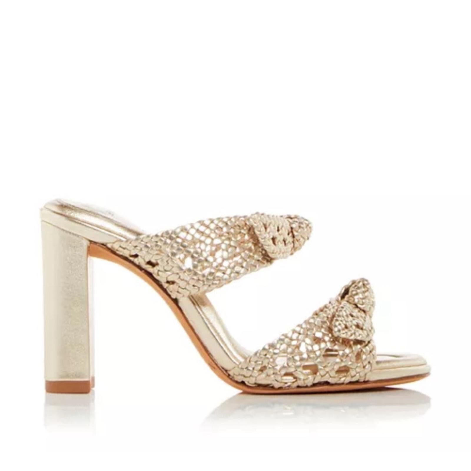 Designer Alexandre Birman Clarita Heel Shoes Sandals, Golden, Size 37.5, Women's
